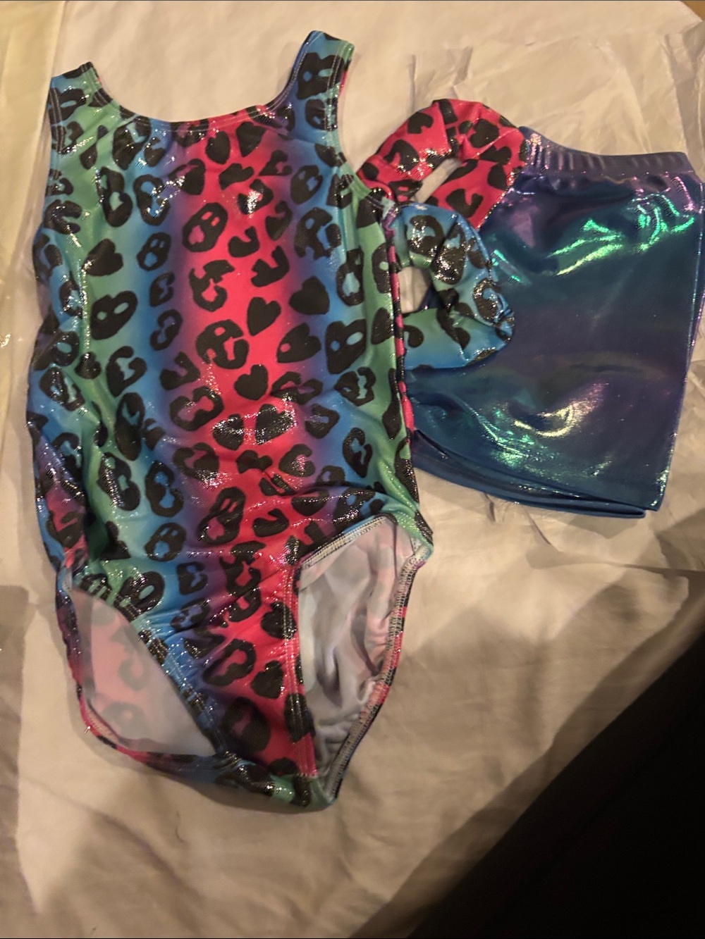Kids Shiny Rainbow Leopard Print Matching Set - Leotard and Shorts